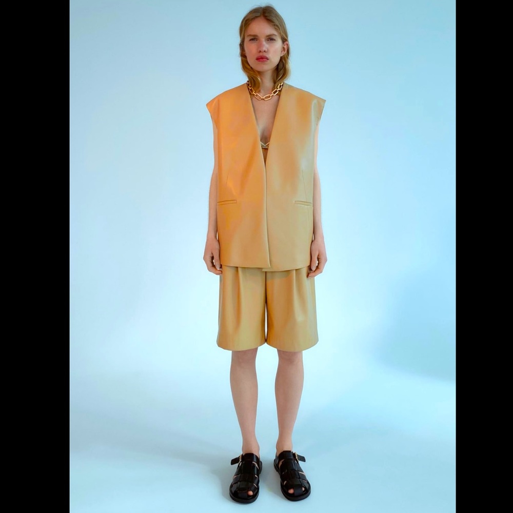 Zara 2 Piece Beige Faux Leather Vest & Bermuda Shorts Co Ord Set